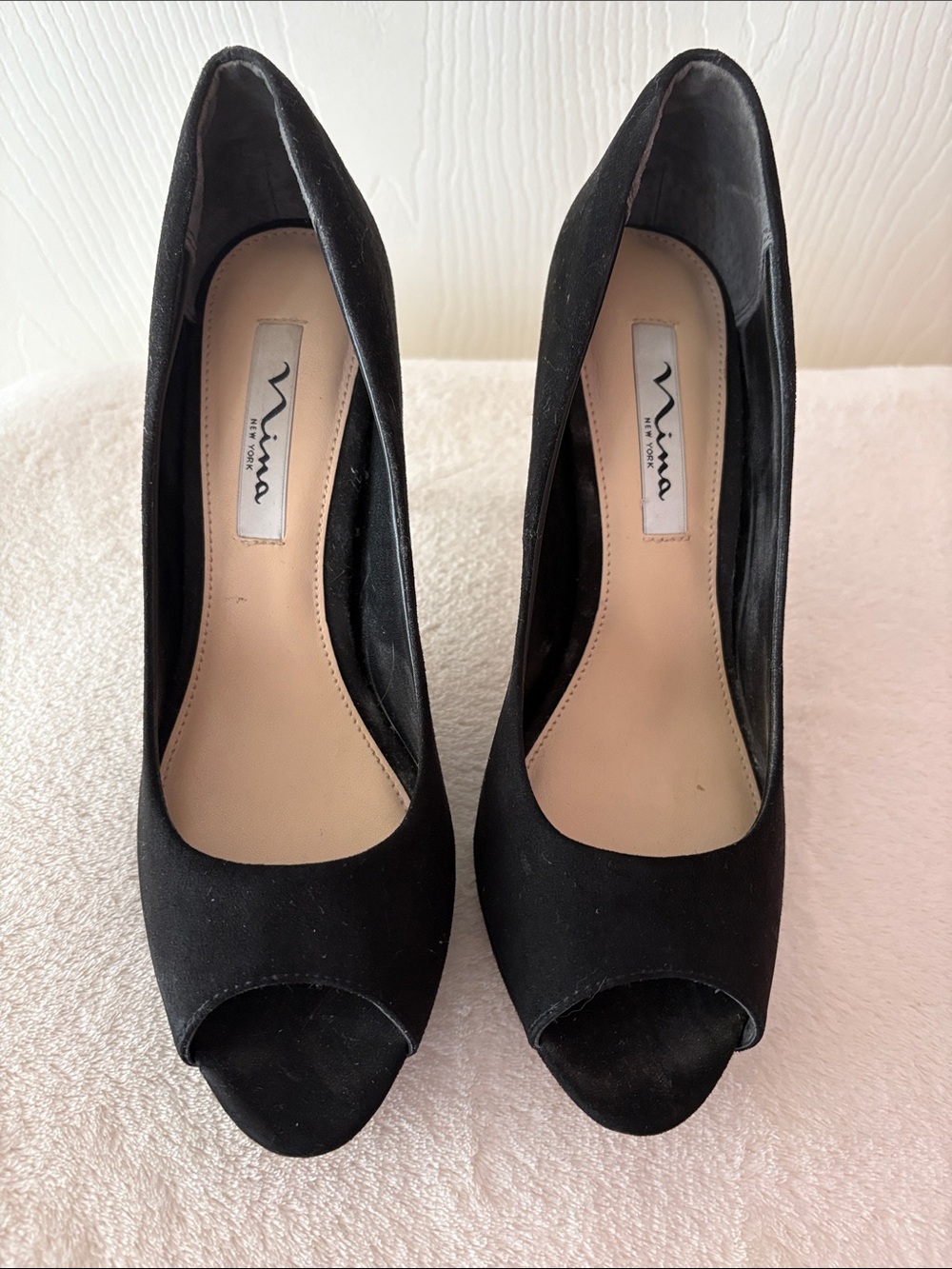 Nina Black Suede Peep-Toe Heels